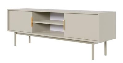 Selsey TV-meubel staand, tv-kast met poten, 2 deuren, 2 vakken, met goudkleurige handgrepen, 154 x 53,5 cm, beige, grijs, Viviaro