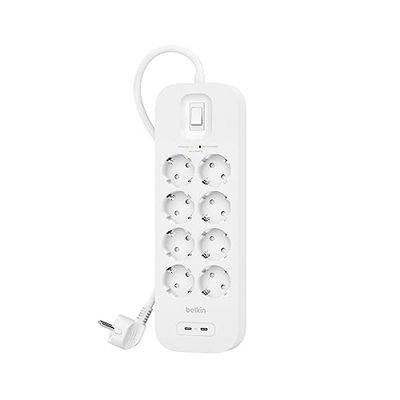 Belkin Multiprise USB avec Protection Contre Les surtensions à 8 Prises CA, Montage Mural, câble de 2 m, 2 Ports USB-C PD à Charge Rapide, LED d'état, 900 Joules de défense électrique