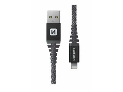 Swissten - Cable USB/Lightning extremadamente resistente - reforzado con fibra Kevlar - Cable de carga y transferencia de datos - Soporta carga rápida de hasta 60 W - 1,5 m - Negro