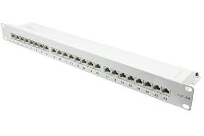 Patchpanel/patchpanel – 19 tum – servermontering/rackinstallation – kat. 6 A, 500 MHz – 10 GIGABIT-kompatibel – 24-port – 1 HE – STP skärmad – verktygsfri öppning – ren vit (RAL9010)
