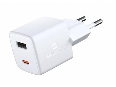 Swissten Mini reislader met GaN-technologie en Qualcomm snel opladen, Power Delivery 30W, 1x USB-C, 1x USB, afmetingen 3x3x3cm, compatibel met iOS en Android smartphones - wit