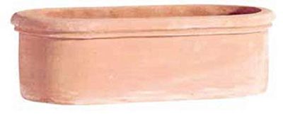 FIORIERA OVALE DA GIARDINO IN TERRACOTTA + 4 PIEDINI IN TERRACOTTA. CASSETTA: LUNGHEZZA CM. 50, ALTEZZA CM. 18, LARGHEZZA CM. 24. PIEDINI: LUNGHEZZA CM. 8, ALTEZZA CM. 5