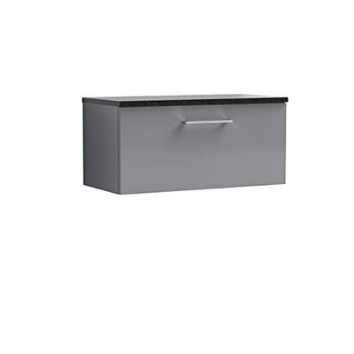 nuie ARN2225LSB Arno Wall Hung 1 Drawer Vanity Unit & Laminate Worktop, 800mm, Satin Grey/Sparkle Black