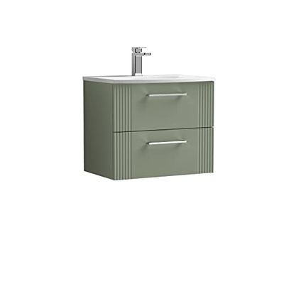 nuie DPF893G Deco Modern Bathroom Wall Hung 2 Drawer Part Fluted Vanity Unit with Curved Ceramic Basin, Satin Green