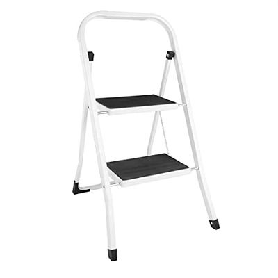 Vogue Steel Folding Step Stool 2 Tread, White & Black, Space Between Steps: 250 mm, Foldaway Step Stool, F018