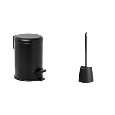 TATAY Bathroom Bin with Stainless Steel Pedal, 3L Capacity，Black Color, Measures 17.5 x 22.5 x 25 cm & Standard Toilet Brush, Polypropylene，Black Color, Measures 12 x 12 x 12 x 38 cm.