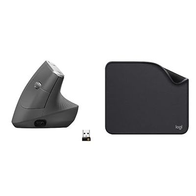 Logitech MX Vertical Ergonomic Mouse, Multi-Device, Bluetooth or 2.4GHz Wireless with USB Unifying Receiver, Mouse Pad - Studio Series, Computer Mouse Mat with Anti-slip Rubber Base, Easy Gliding