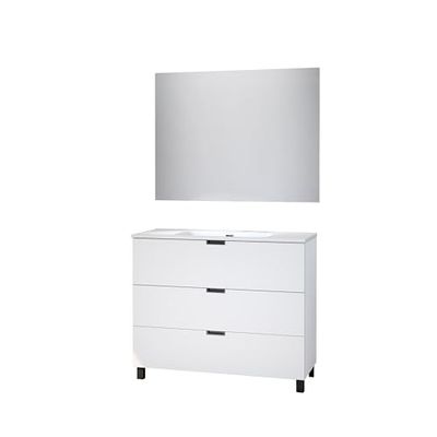 Baikal Mueble de Baño Tail. Conjunto de Baño de 3 Cajones con Patas, Apertura Mediante Triple uñero. Incluye Lavabo Cerámico. Mueble de Fondo de 46cm. Mueble MONTADO. con Espejo 100 cm Blanco