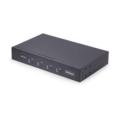 StarTech.com Switch KM/USB 4 Puertos con Conmutación por Ratón - Conmutador KM USB 3.0 - Audio 3,5mm/USB - TAA