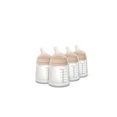 Suavinex, Set van 4 anti-koliek flessen Zero, aanpasbare drinkzuigkop (A) van siliconen, +0 maanden en pasgeborenen, ideaal voor borstvoeding, moedermelk, kunstmatige melk, 180 ml, licht
