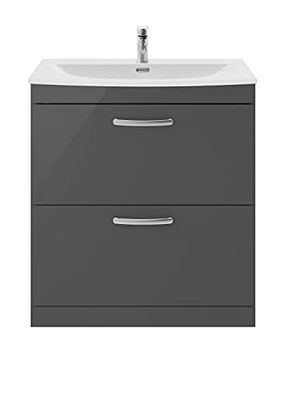 nuie ATH079G Athena Modern Bathroom Floor Standing 2 Soft Close Drawers Vanity Unit with Curved Ceramic Basin with 30mm Profile, 800mm, Gloss Grey