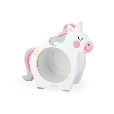 Janod Eenhoorn-spaarpot voor kinderen, transparant en magnetische opening aan de achterkant, ideaal cadeau of decoratie voor slaapkamer, hout, FSC-vanaf 3 jaar, J04655, J04655, meerkleurig