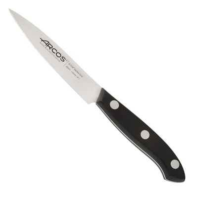 Arcos Coltello per Sbucciare in Acciaio Inossidabile Nitrum, Ideale per Frutta e Verdura, Manico Ergonomico in Polipropilene, Lama da 100 mm, Nero, Serie Bologna