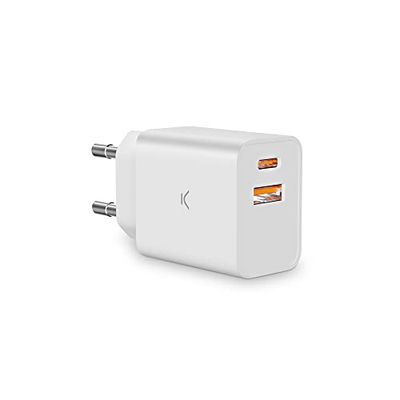 Ksix Netwerkoplader, 20 W, ultrasnel opladen, Power Delivery, Multiport USB-C en USB-A, wit