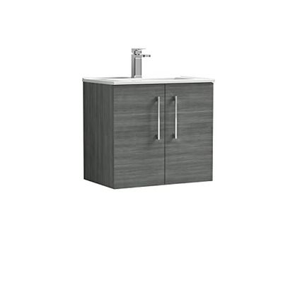 nuie ARN523B Arno Modern Bathroom Wall Hung 2 Door Vanity Unit with Minimalist Ceramic Basin, Anthracite