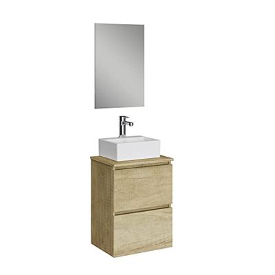 Baikal Mobile da bagno Onyx con fondo ridotto. Mobile sospeso a parete include lavabo in ceramica sopra piano di lavoro. Mobile montato. con Specchio 45 cm Profondità 36, 2 Cassetti Nature