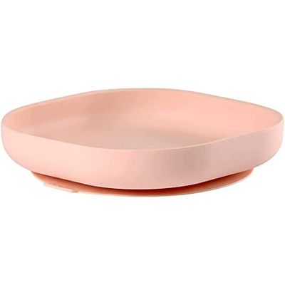 BÉABA, Assiette Ventouse pour Enfant, 100% silicone, matière douce et très resistante, Adhère table/tablette chaise haute, Languette permettant de soulever l’assiette, Compatible micro-onde, Rose