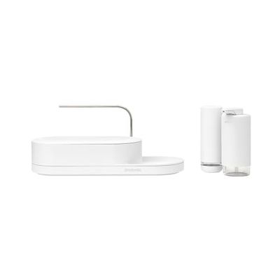 Brabantia - Organizador fregadero SinkStyle, Juego de 3 con organizador, dispensador y exprimidor de jabón - Diseño compacto, bandeja recogegotas con flujo aire, antideslizante - Mineral Fresh White