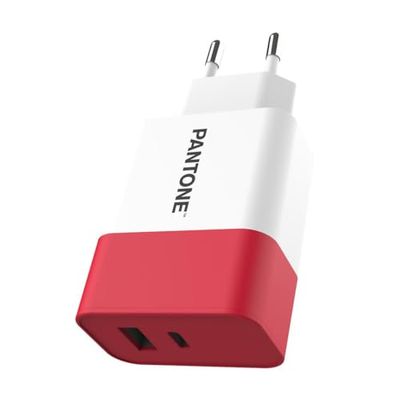 Celly, Caricabatterie da Rete Pantone, Carica Fino a 2 Dispositivi, con 1 Porta USB-A e 1 Porta USB-C e Tecnologia Power Delivery, Compatibilità Universale, Ricarica Sicura e Veloce, Rosso