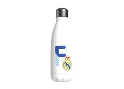 Real Madrid - roestvrijstalen waterfles, hermetische sluiting, met Letter F-ontwerp in blauw, 550 ml, witte kleur, officieel product (CyP Brands)