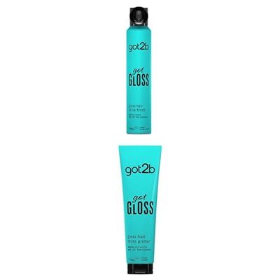 Bundle of got2b gotGLOSS hair spray finish for glossy and glass-like hair, frizz control and heat protection for sleek hair 200ml + Got2b Pre-base gloss for hair Got Gloss, Primer 150ml