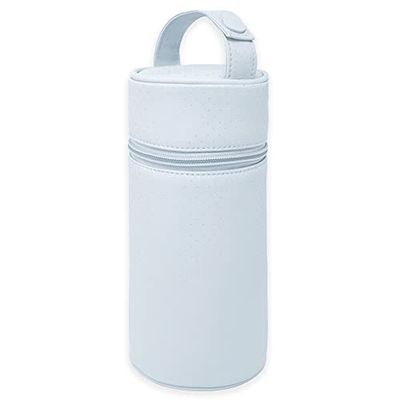 Duffi Babyflaskhållare, konstläder, baby, termoväska, varm och kall, isolerad, för flaskor eller termoskanna, dragkedja och handtag, enkel rengöring, blå cirklar 0832-12