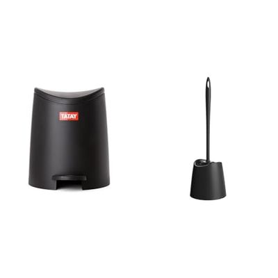 TATAY Standard Bathroom Bin with Pedal, 3L Capacity, Color Black. + Standard Toilet Brush, Black Brush, Color Black.
