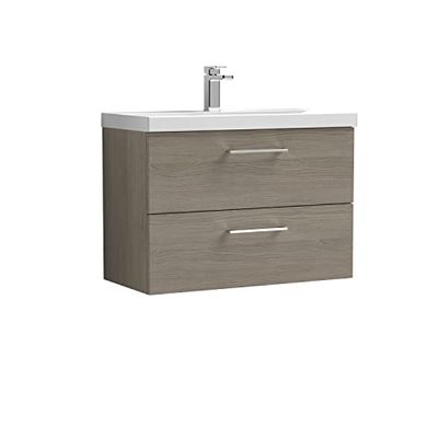 nuie ARN2526D Arno Modern Bathroom Wall Hung 2 Drawer Vanity Unit with Thin-Edge Ceramic Basin, Solace Oak