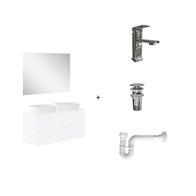 Baikal Pack solución Completa. Incluye: Mueble de Baño, Lavabo cerámico, Grifo, Sifón Extensible y Válvula de desagüe. Mueble MONTADO. Entrega Todo en uno. 2 Cajones con Espejo 60+60 cm Blanco