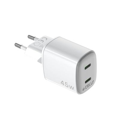 Celly, Caricatore con 2 Porte USB-C, Caricabatterie Portatile da 45W con Tecnologia GaN, Compatibile con Vari Modelli dei Maggiori Produttori