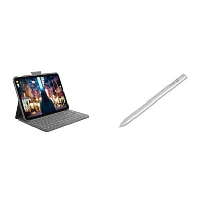 Logitech iPad-toetsenbordcase (10e generatie) | geïntegreerd draadloos toetsenbord (Graphite) - German Layout & Logitech Crayon digitaal potlood voor iPad (iPads met USB-C-poorten) - Zilver