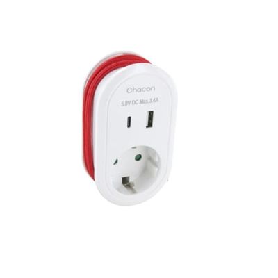 CHACON Adaptador SCHUKO 16A USB-C+ USB-A + Cable USB-C de 60 cm