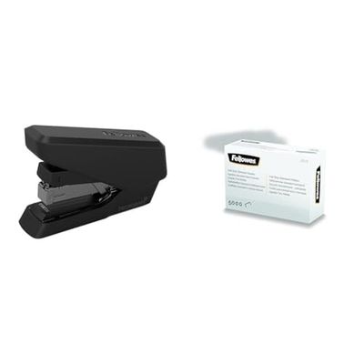 Fellowes Jam Free Stapler, 40 Sheet Capacity - LX860 EasyPress Half Strip Antibacterial Manual Stapler - Black + Fellowes Staples 26/6mm for Half Strip Staplers – Box of 5000, 1 Pack – Silver
