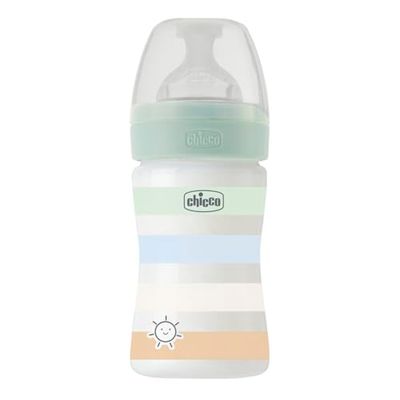 Chicco Biberon Bien-Être Débit Lent, Tétine Physio en Silicone Souple et Doux, Système Anti-Colique, Réduit les Régurgitations et L'Irritabilité, Biberon en Plastique de 150 ml, 0 Mois et plus, Bleu