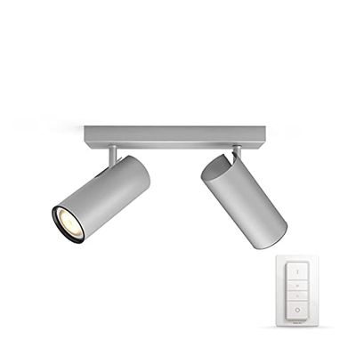 Philips Hue Buratto Opbouwspot 2-Lichts - Duurzame LED Verlichting - Warm tot Koelwit Licht - Incl. dimmer switch - Verbind met Hue Bridge voor Meer Mogelijkheden - Aluminium