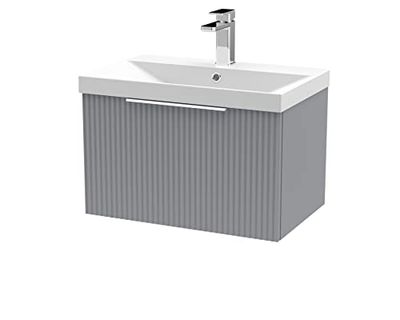 Hudson Reed DFF294D Fluted Modern Bathroom Wall Hung 1 Drawer Vanity Basin Unit with Thin-Edge Ceramic Basin, 600mm, Satin Grey
