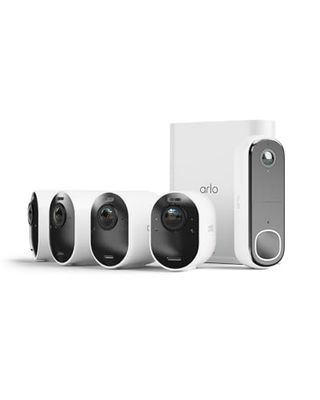 Arlo Ultra 2 Telecamera WiFi Esterno Senza Fili, 4K UHD, Sensore Di Movimento, Prova Secure Inclusa, 4 Telecamere, Bianche Essential FHD Videocitofono, Visione Notturna, Sirena, Bianco