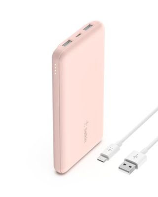 Belkin batería externa portátil de 10000mAh, cargador externo USB-C con 1 puerto USB-C y 2 puertos USB-A, power bank de 15W, batería portátil para iPhone, Galaxy, Pixel, AirPods, iPad y otros- Or rose