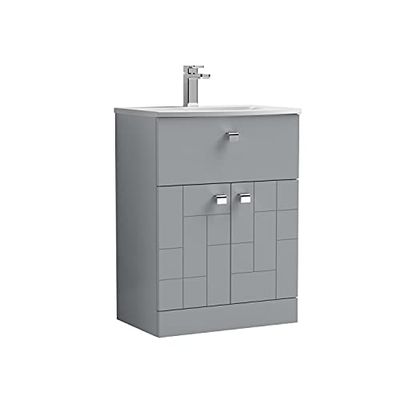 nuie Modern Bathroom Floor Standing 2 Door 1 Drawer Vanity Unit with Curved Ceramic Basin with 30mm Profile, 600mm, Satin Grey
