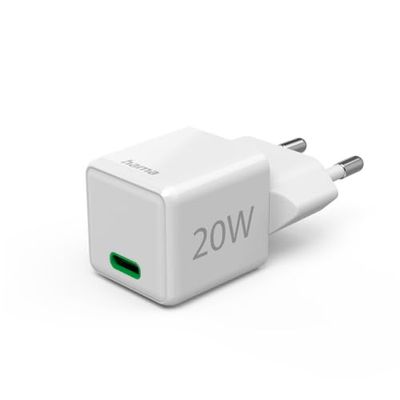 Hama | Cargador Super Mini 220V (20W, 1 Puerto USB-C, QC+PD, rápido, para iPhone a Partir del 11) Blanco