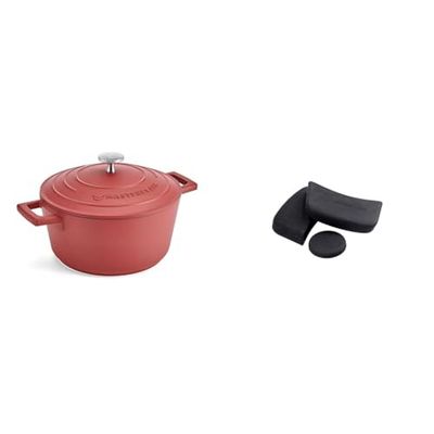 MasterClass 2.5L Red Casserole Dish with MasterClass Heat-Resistant Silicon Pan Handles and Lid Handle (3pc)