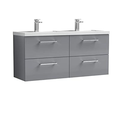 nuie ARN2224C Arno Wall Hung 4 Drawer Vanity Unit & Double Ceramic Basin, 1200mm, Satin Grey