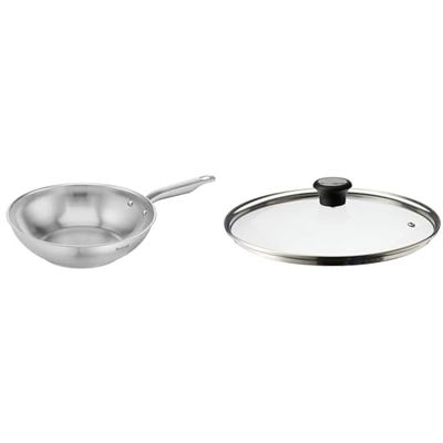 Tefal E49219 Virtuoso Poêle wok en acier inoxydable de qualité supérieure non scellée Finition brossée Compatible induction Passe & 280977 Couvercle en Verre 28 cm avec Anneau