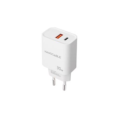 NANOCABLE 10.10.2011 Oplader USB-C PD en USB-A QC, 30 W, dubbele poort voor snel opladen, compact en compatibel, wit