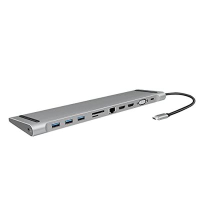 LogiLink UA0373 - Station d'accueil USB 3.2 (Gen 1) avec 11 Ports et PD (Power Delivery) 100 W, 3 Ports USB / 2 x HDMI / 1 x VGA / 1 x Lecteur de Carte / 1 x RJ45 / 1 x 3,5 mm/Noir, Argent