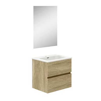 Baikal Bagno Onyx, 2 cassetti, sospeso a Parete, con lavabo in Ceramica. Mobile Montato, Melamina 16, 21, Natura, 60 cm