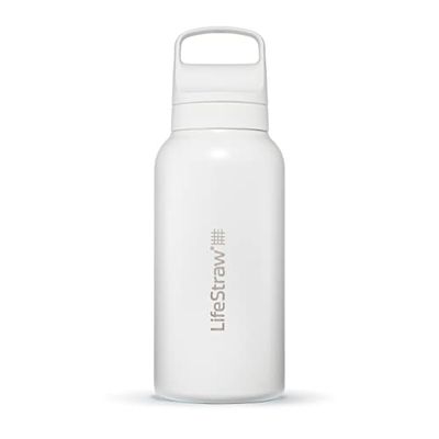 LifeStraw Go-serie - Geïsoleerde roestvrijstalen waterfilterfles voor reizen en dagelijks gebruik, verwijdert bacteriën, parasieten en microplastics, verbetert de smaak, 1 liter Polar White