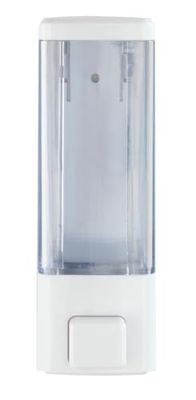 WENKO Distributeur de désinfectant et de Savon Istres Blanc, Distributeur Mural hygiénique pour désinfectant, Savon Liquide etc., Fixer sans percer, capacité : 320 ML, 6x18,5x7,5cm, matière Plastique