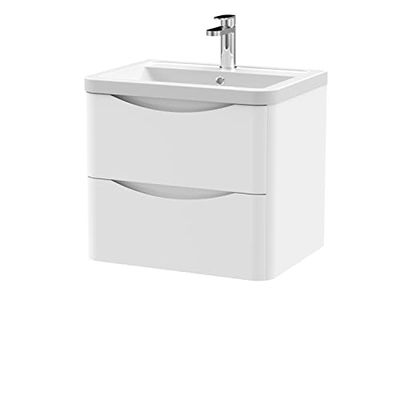 nuie LUN102A Lunar Modern Bathroom Wall Hung 2 Drawer Vanity Basin Unit & Ceramic Basin, 600mm, Satin White