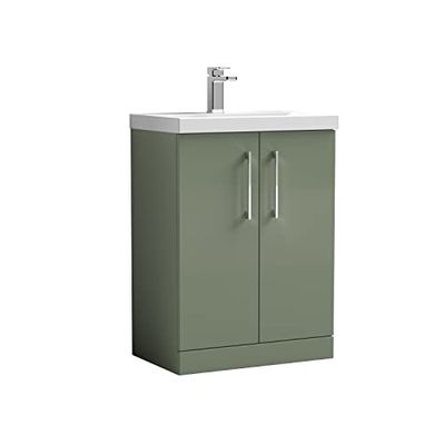 nuie ARN803A Arno Modern Bathroom Floor Standing 2 Door Vanity Unit with Mid-Edge Ceramic Basin, Satin Green